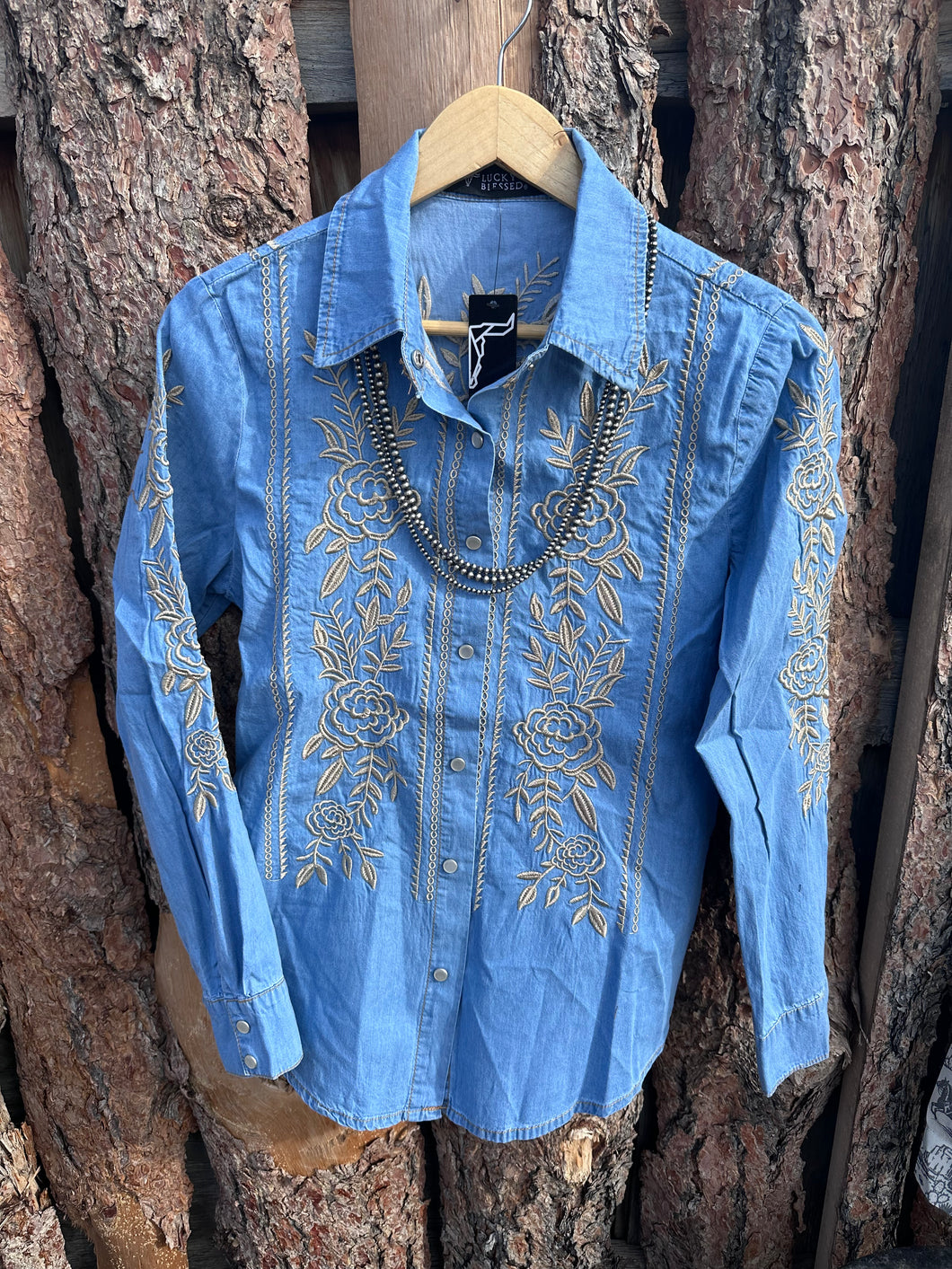 Embroidered Button Down Denim Top