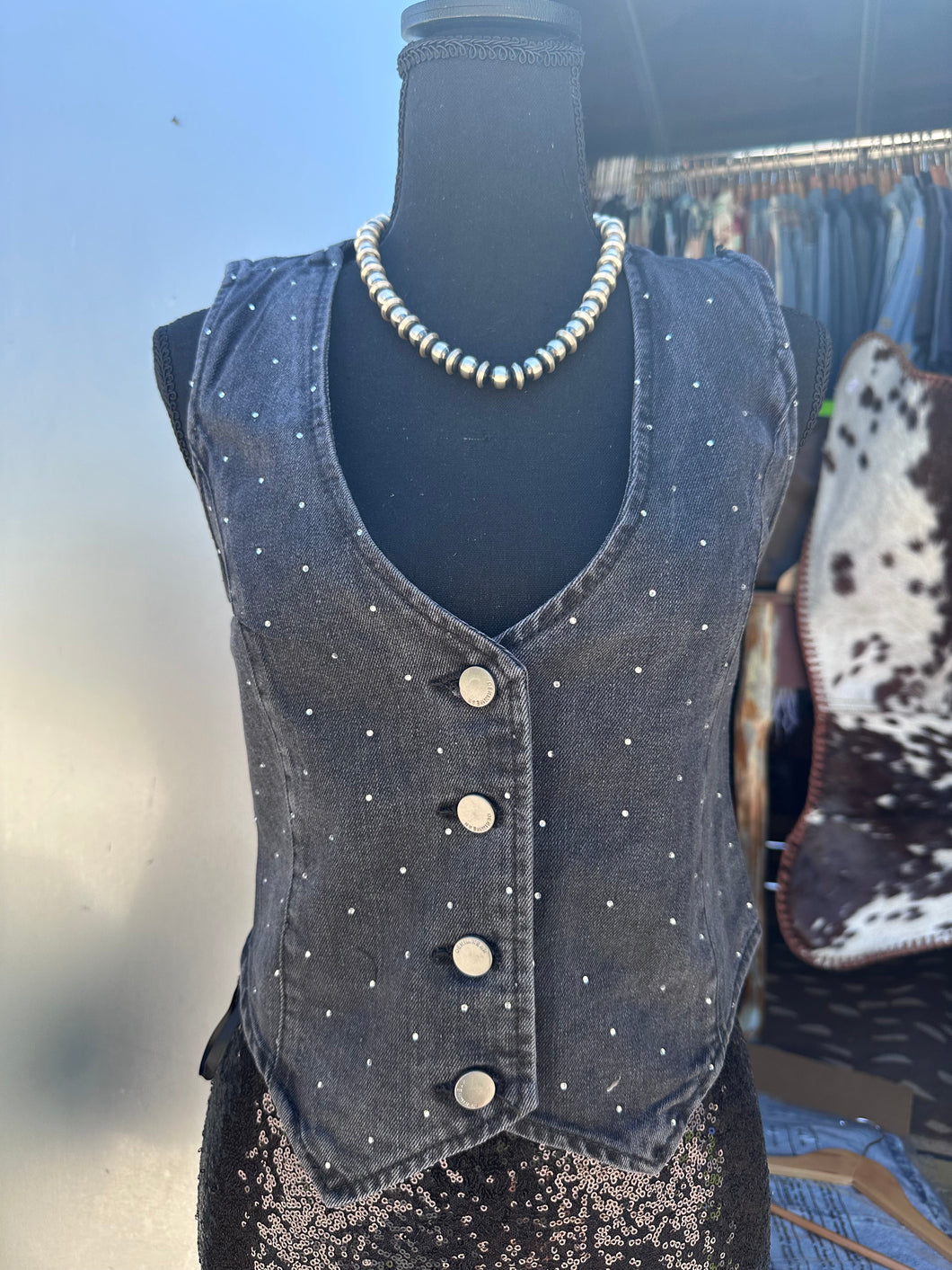 Black Denim Rhinestone Vest
